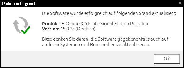 Dialogfenster in HDClone X.6 Professional Edition Portable – AutoUpdate erfolgreich