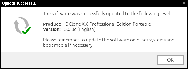 Popup in HDClone X.6 Professional Edition Portable – AutoUpdate complete